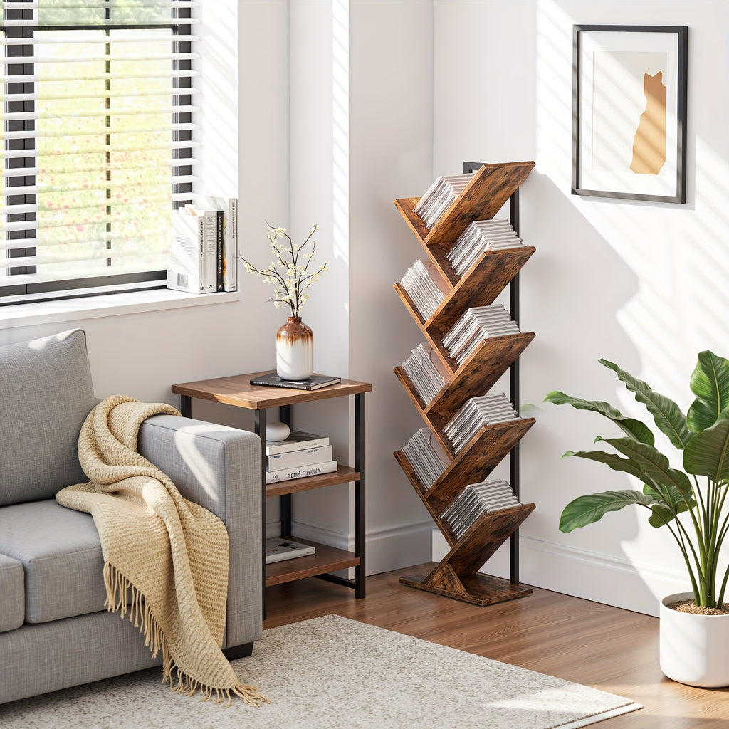 Tree Bookshelf, 9 Shelf Tree Bookcase, Space Saving Storage Rack for CDs/Movies/Books, Book Tree Organizer Shelves for Living Room, Bedroom, Office, Rustic Brown