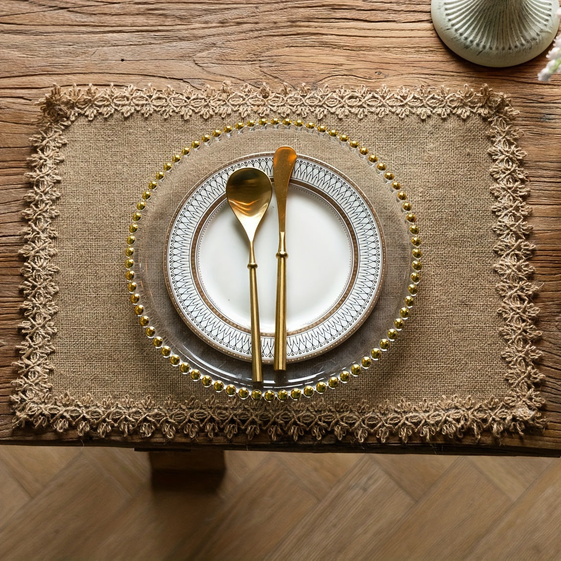 4/6pcs, Bohemian Jute Placemats, Table Decor, Coarse Linen Lace Placemats, Coffee Table Mats, Vintage Style Yellow Jute Square/Round Fringe Placemats, Home Decoration, Wedding and Party Decor