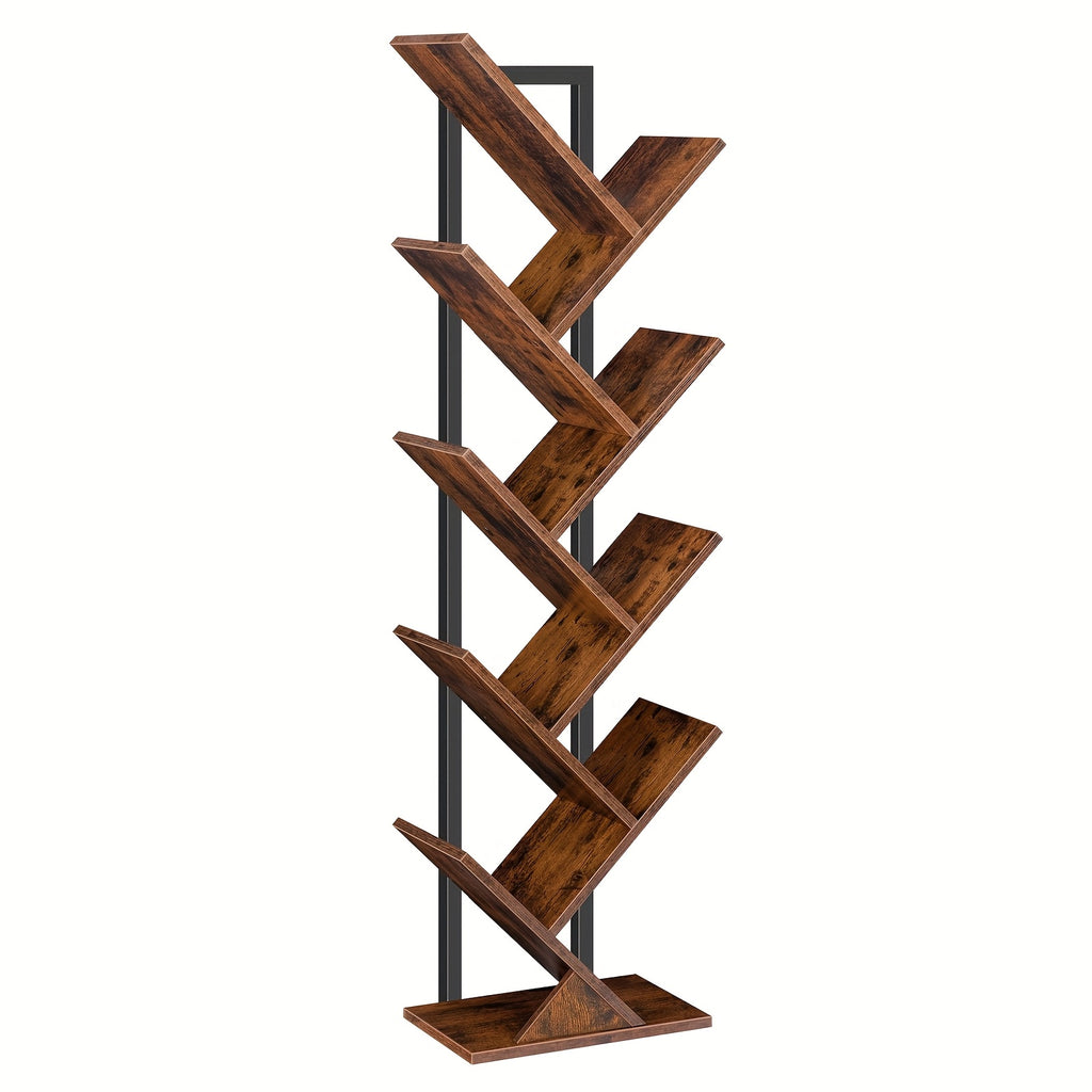 Tree Bookshelf, 9-Tier Bookcase Wooden Shelves, Floor Standing Storage Rack, For Display Of CDs, Books In Living Room, Home Office, Wood Storage Rack For Bedroom, Rustic Brown, White, Greige, Black