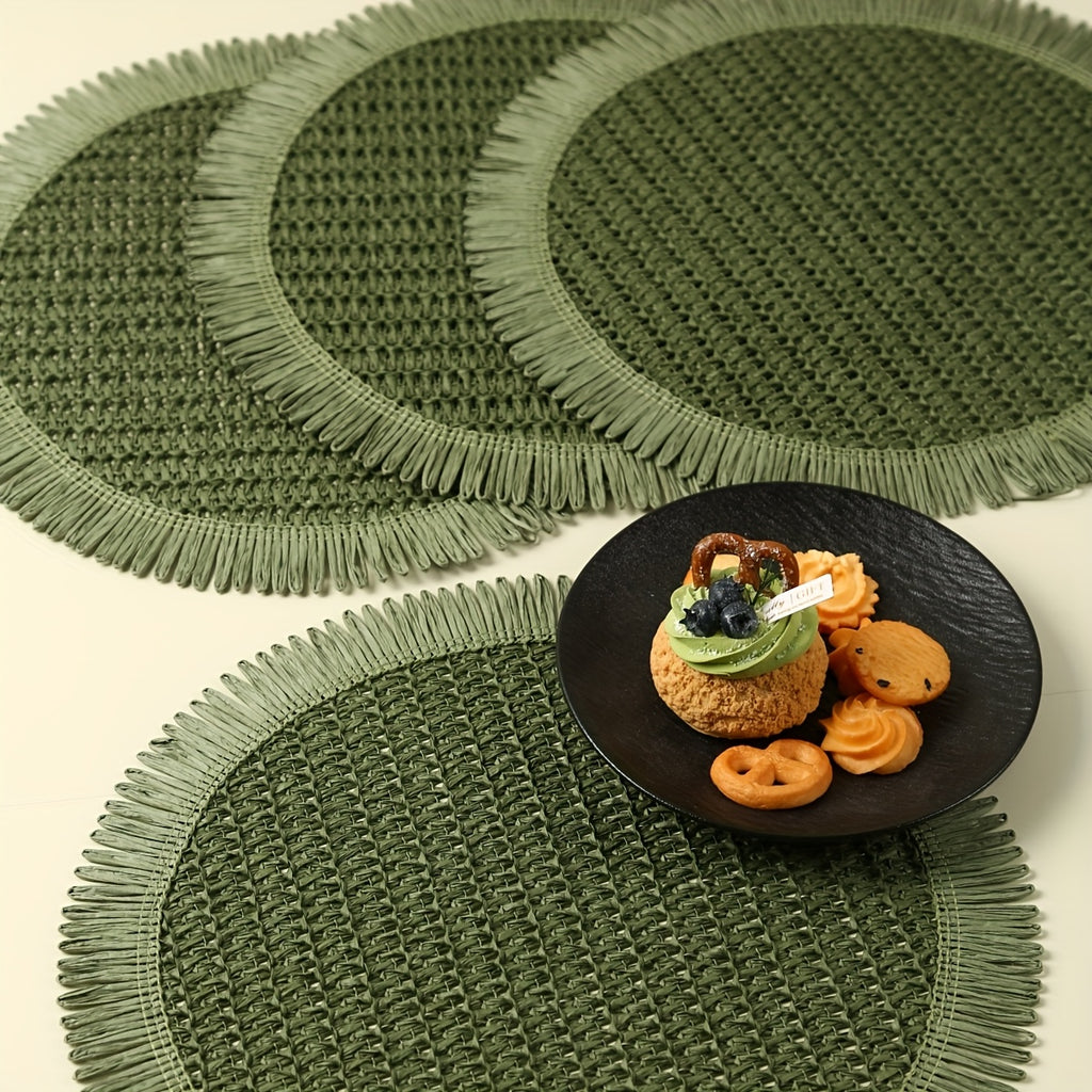 4/6pcs Bohemian Farmhouse Round Placemats with Tassels - Green Linen Grid Pattern Table Mats for Weddings, Parties, Home Decor & Tea Cup Protection, Farmhouse Table Mats, Wedding Tableware, Rustic Table Setting, Textured Tableware