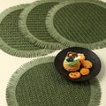 4/6pcs Bohemian Farmhouse Round Placemats with Tassels - Green Linen Grid Pattern Table Mats for Weddings, Parties, Home Decor & Tea Cup Protection, Farmhouse Table Mats, Wedding Tableware, Rustic Table Setting, Textured Tableware