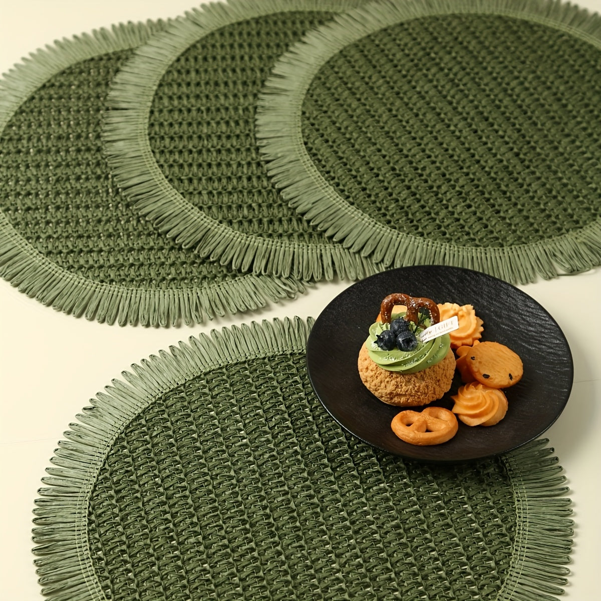 4/6pcs Bohemian Farmhouse Round Placemats with Tassels - Green Linen Grid Pattern Table Mats for Weddings, Parties, Home Decor & Tea Cup Protection, Farmhouse Table Mats, Wedding Tableware, Rustic Table Setting, Textured Tableware