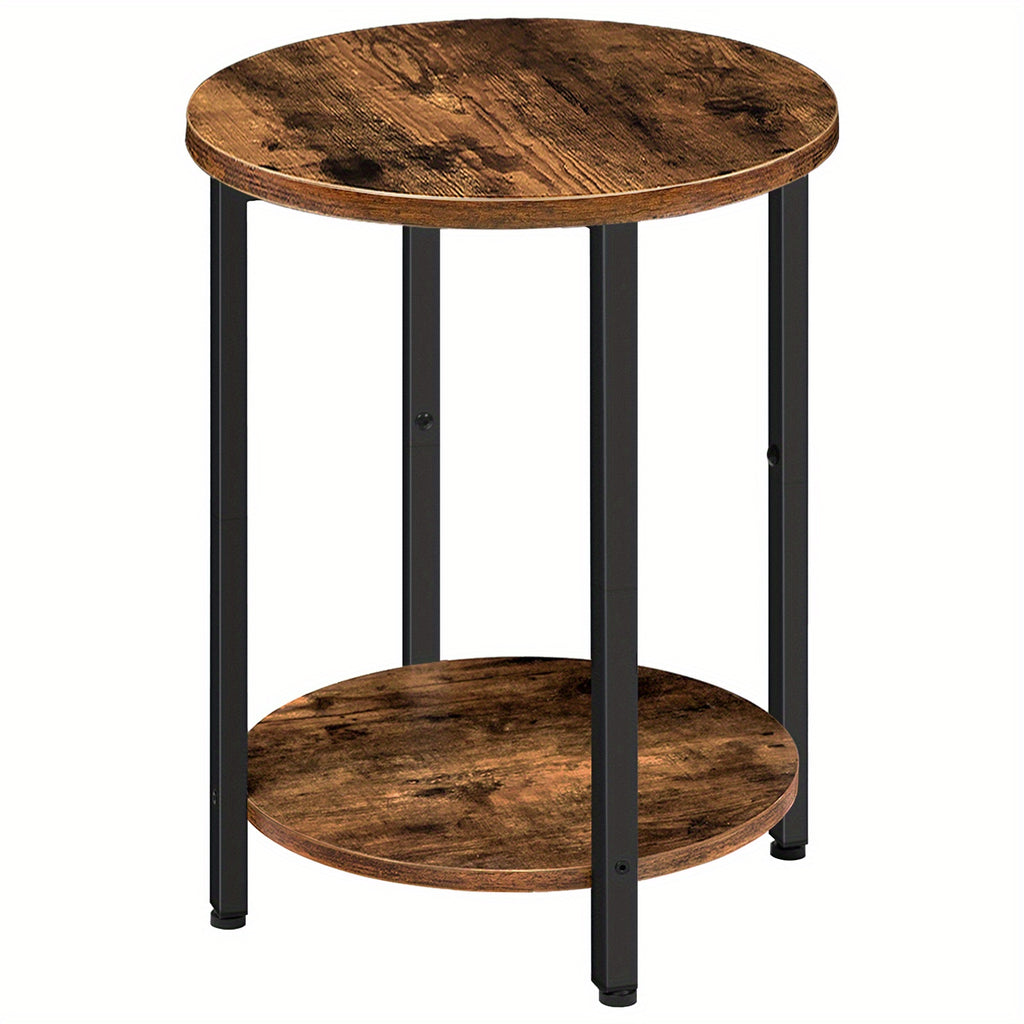 2-Tier End Table, Round Side Table, Sofa Couch Table with Storage Shelf, Stable Metal Frame, Wooden Look Accent Table for Small Spaces, Living Room, Bedroom, Rustic Brown