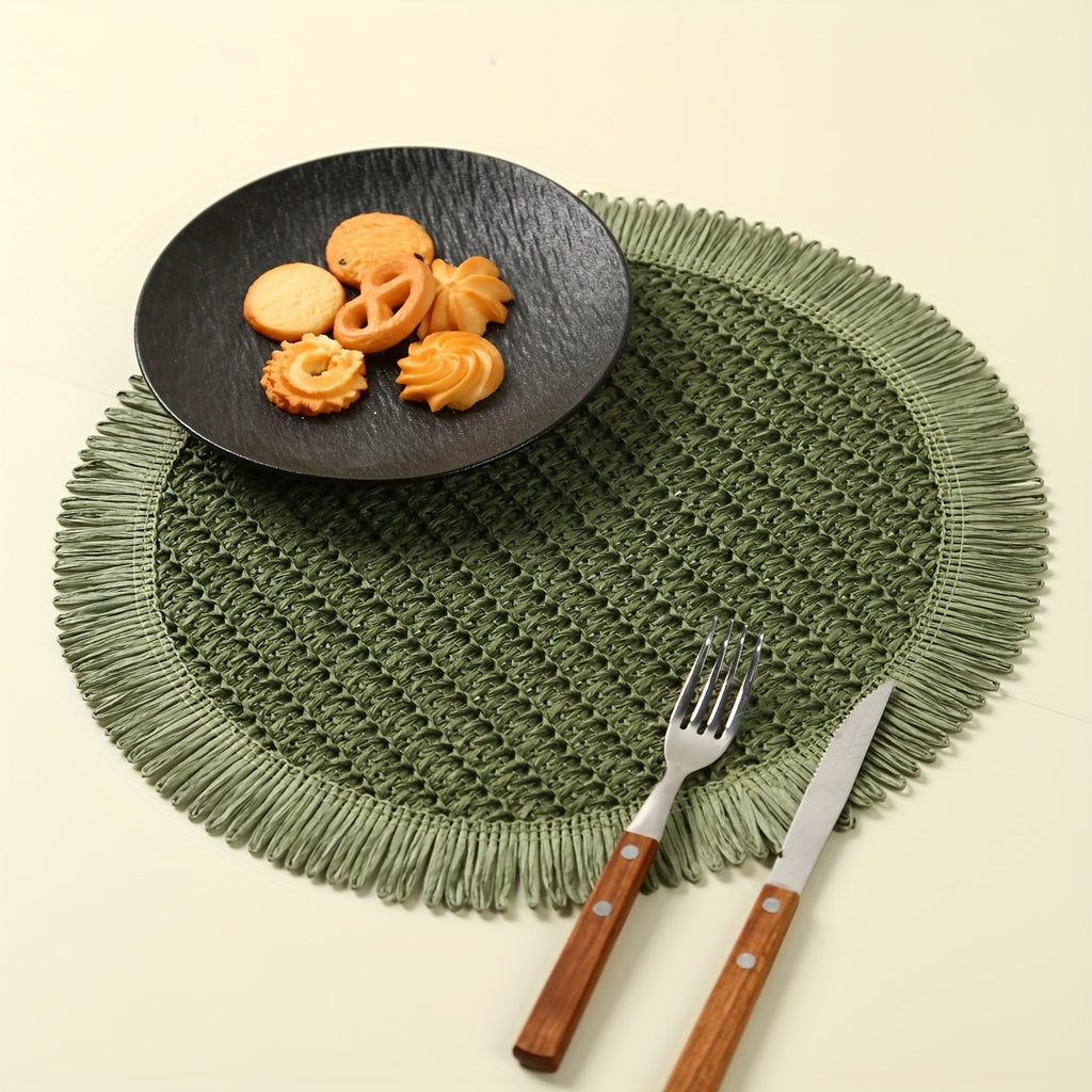4/6pcs Bohemian Farmhouse Round Placemats with Tassels - Green Linen Grid Pattern Table Mats for Weddings, Parties, Home Decor & Tea Cup Protection, Farmhouse Table Mats, Wedding Tableware, Rustic Table Setting, Textured Tableware