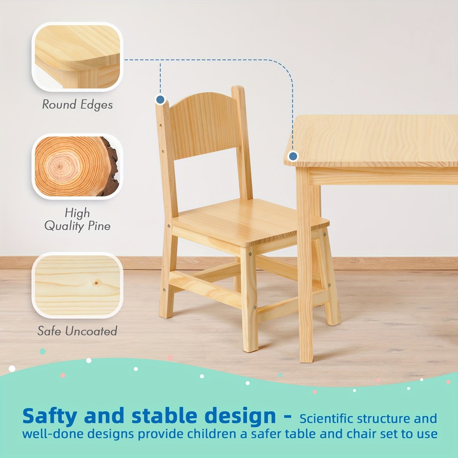 Solid Wood Toddler Table And Chair Set, Ergonomically Designed Kids Table And Chairs for Arts, Crafts, Reading, Preschool, Kindergarten, Playroom, Great Growth Present for Children