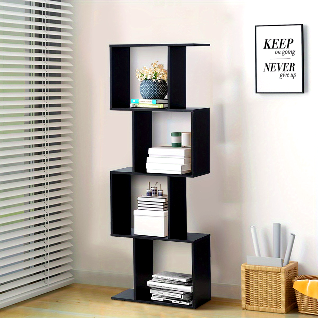 4-tier S-Shaped Bookcase Free Standing Storage Rack Wooden Display Decor Black