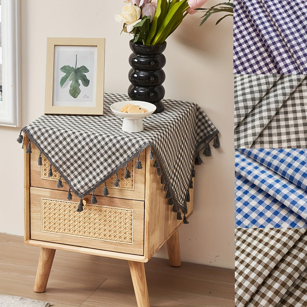 1 Piece Classic Plaid 100% Polyester Square Woven Machine-Made Tablecloth with Tassel Trim for Cabinet and Dining Table, Square Table Cover