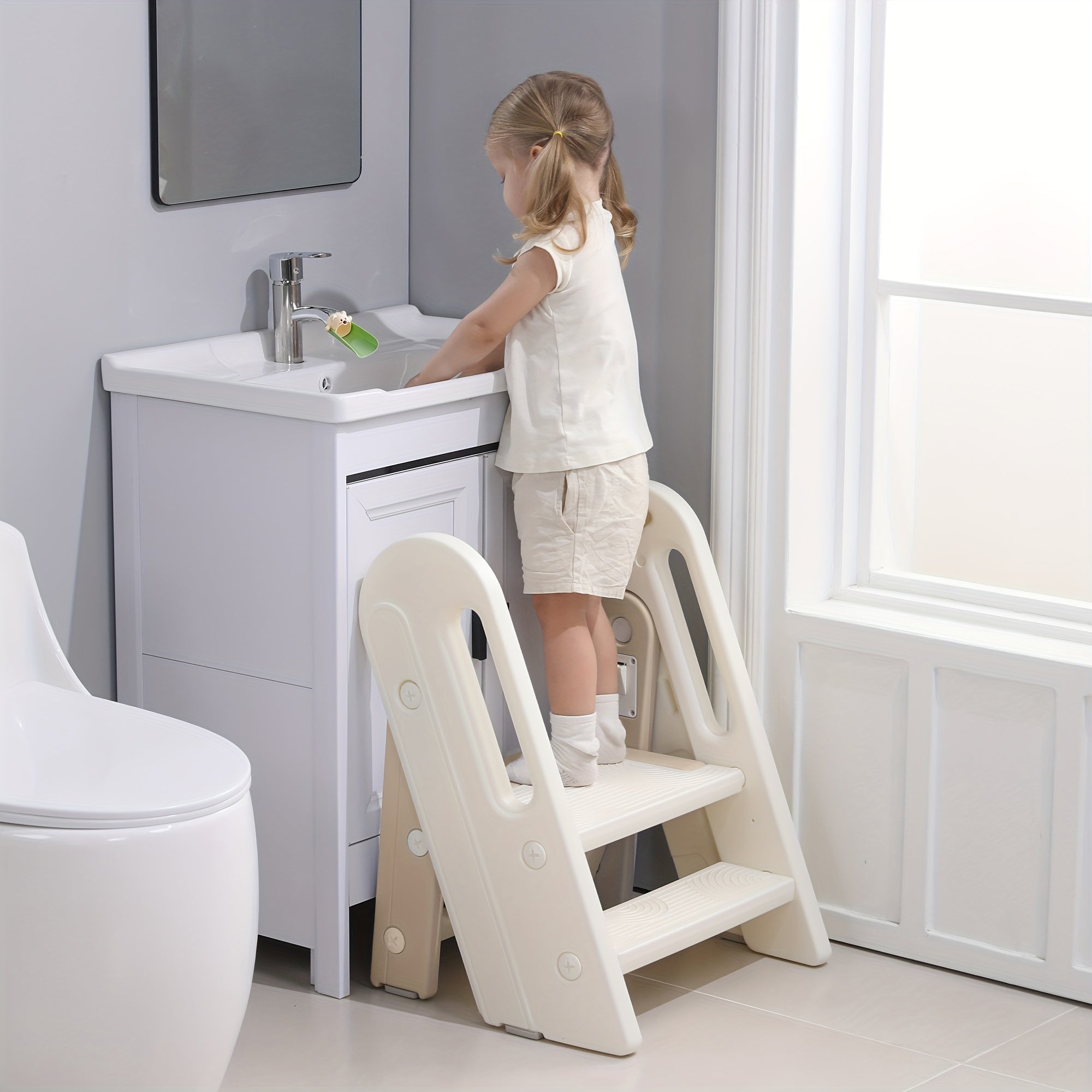 Adjustable Youngsters Step Stool Helper - Foldable Youngsters Potty Training Stool with Handles, Non-Slip Plastic Stepping Ladder for Bathroom and Kitchen, Ideal for Youngsters 3 to 2 Years Old