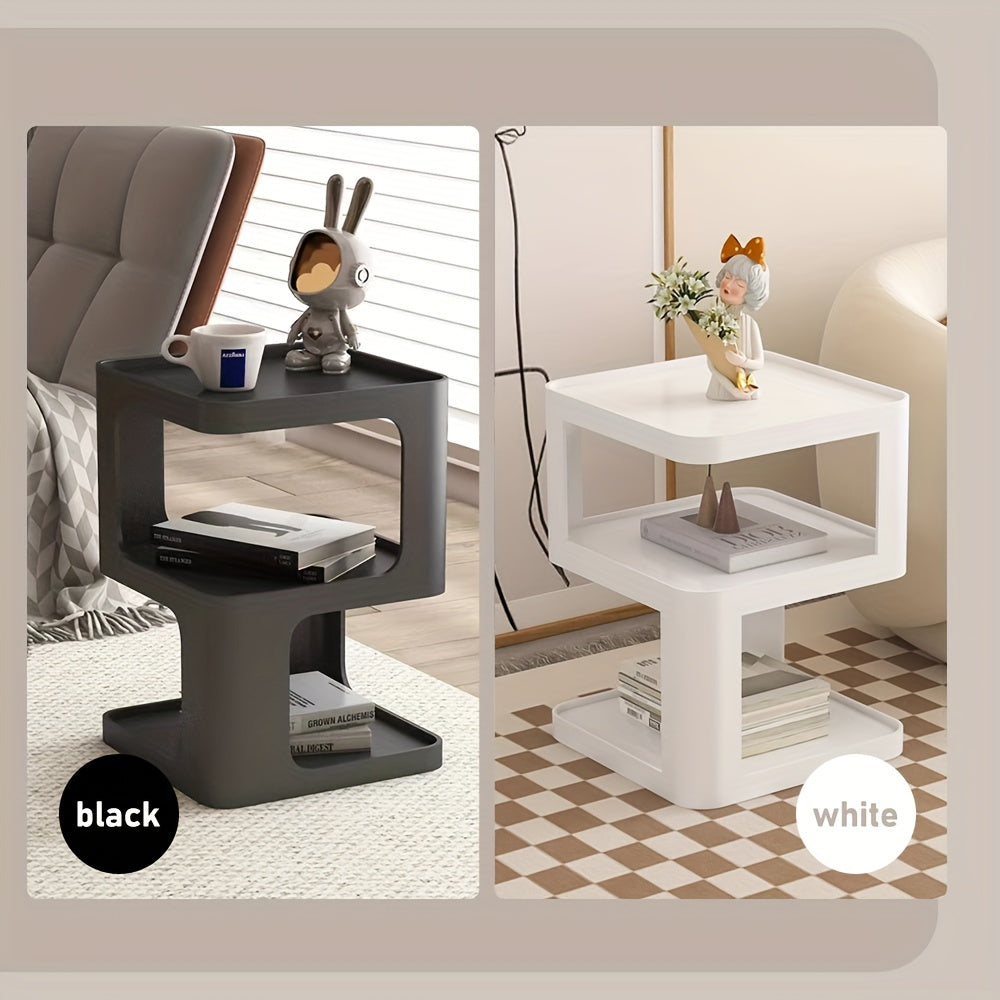 3-Tier Geometric Space-Saving Display Cabinet - Modern Black Plastic Side Table with Rabbit Figurine & Coffee Mug Holder for Living Room, Bedroom, or Office - Easy Assembly, Sturdy Design, Perfect as Night Stand or Bedside Cabinet, Cabinet Furniture