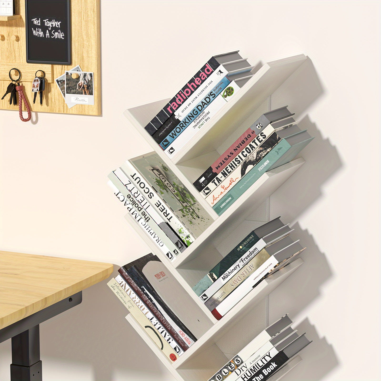 8 Tier Tree Bookshelf With Drawer, Free Standing Wood Bookcase For Living Room, Bedroom, Home Office, Space Saving Storage Organizer Bookshelves For Books, CDs, Vinyl Records-white