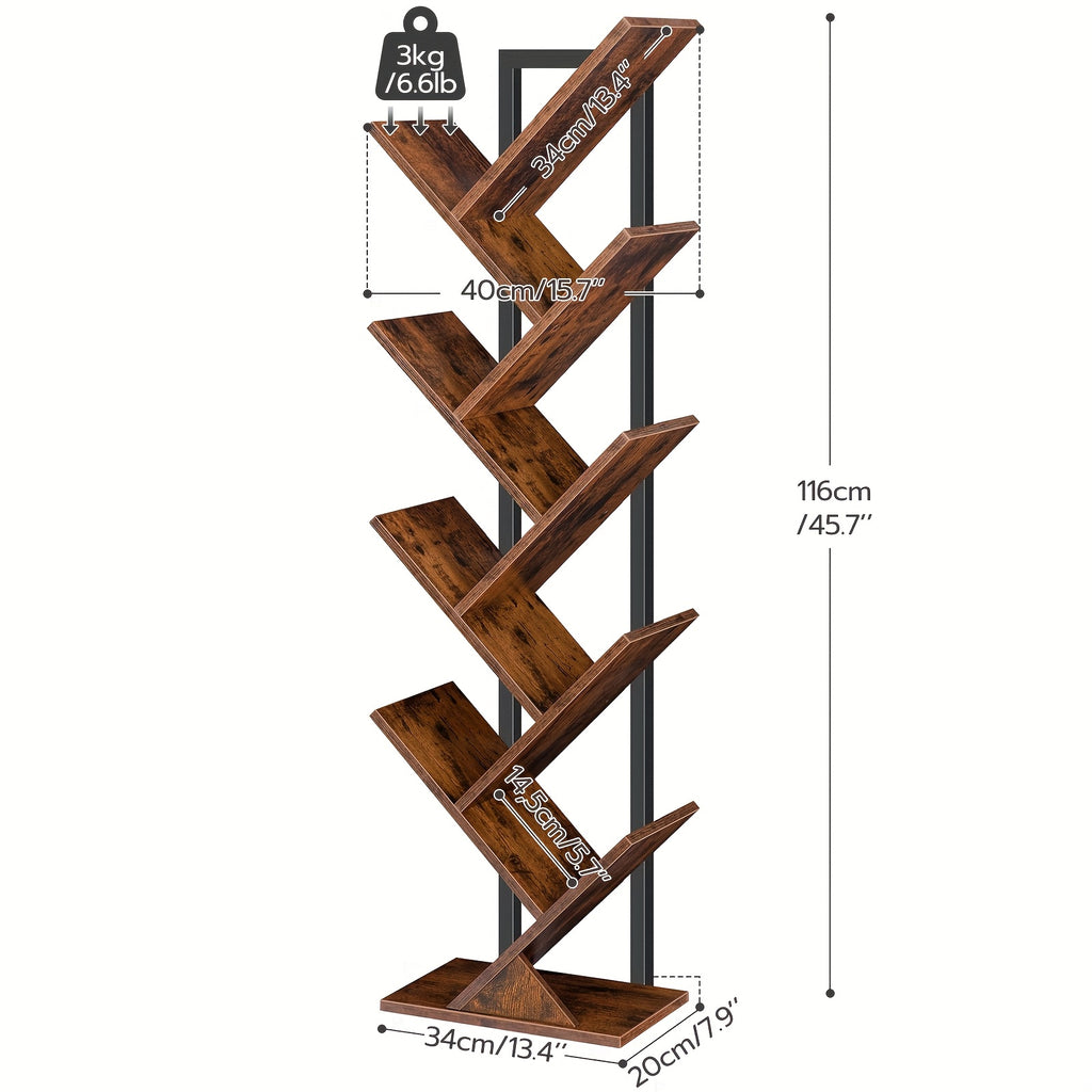 Tree Bookshelf, 9 Shelf Tree Bookcase, Space Saving Storage Rack for CDs/Movies/Books, Book Tree Organizer Shelves for Living Room, Bedroom, Office, Rustic Brown