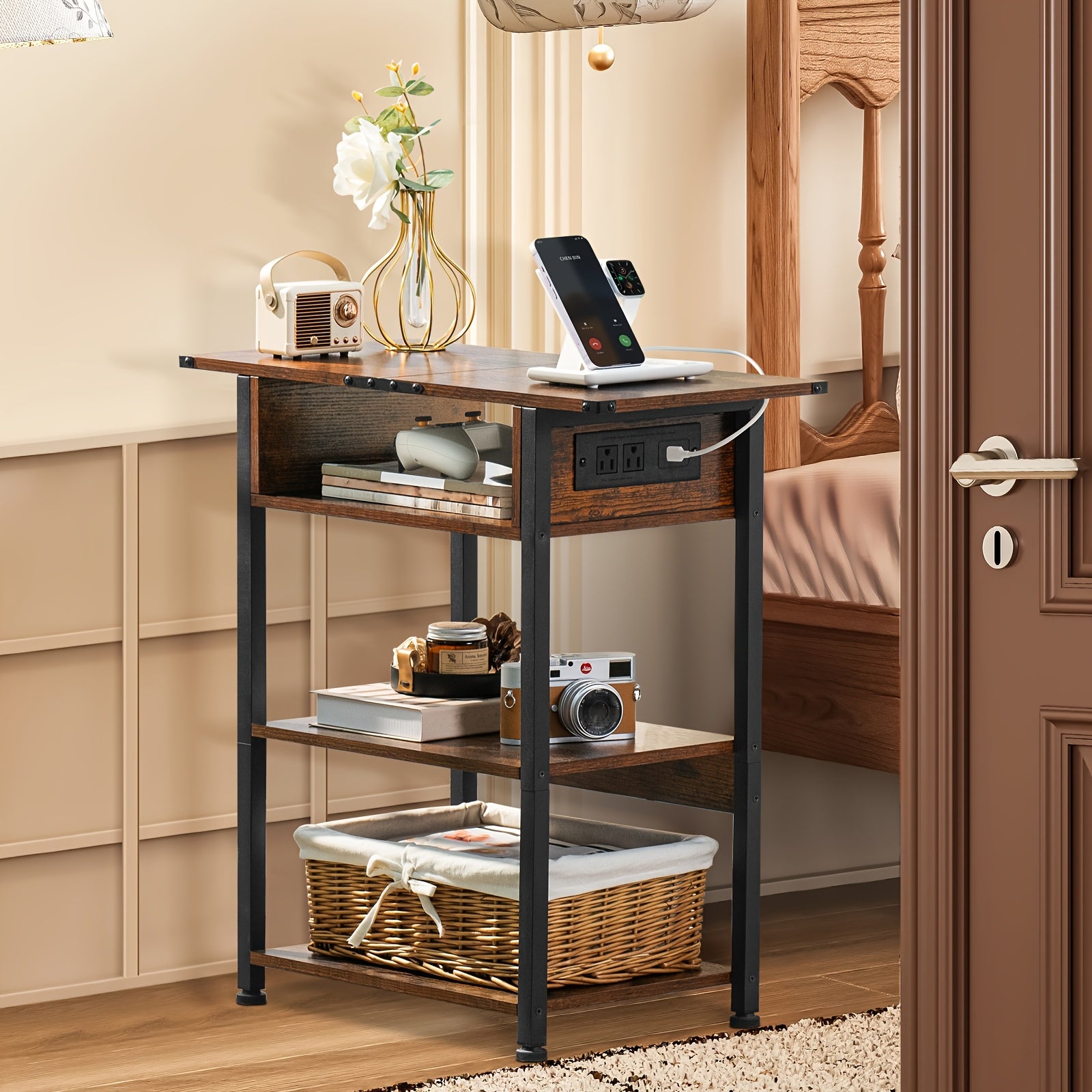 Side Tables With Charging Station, Narrow End Table With USB Ports And Outlets, Brown Skinny Nightstand With Open Storage Shelf For Small Space, Slim Sofa Bedside Table For Living Room Bedroom