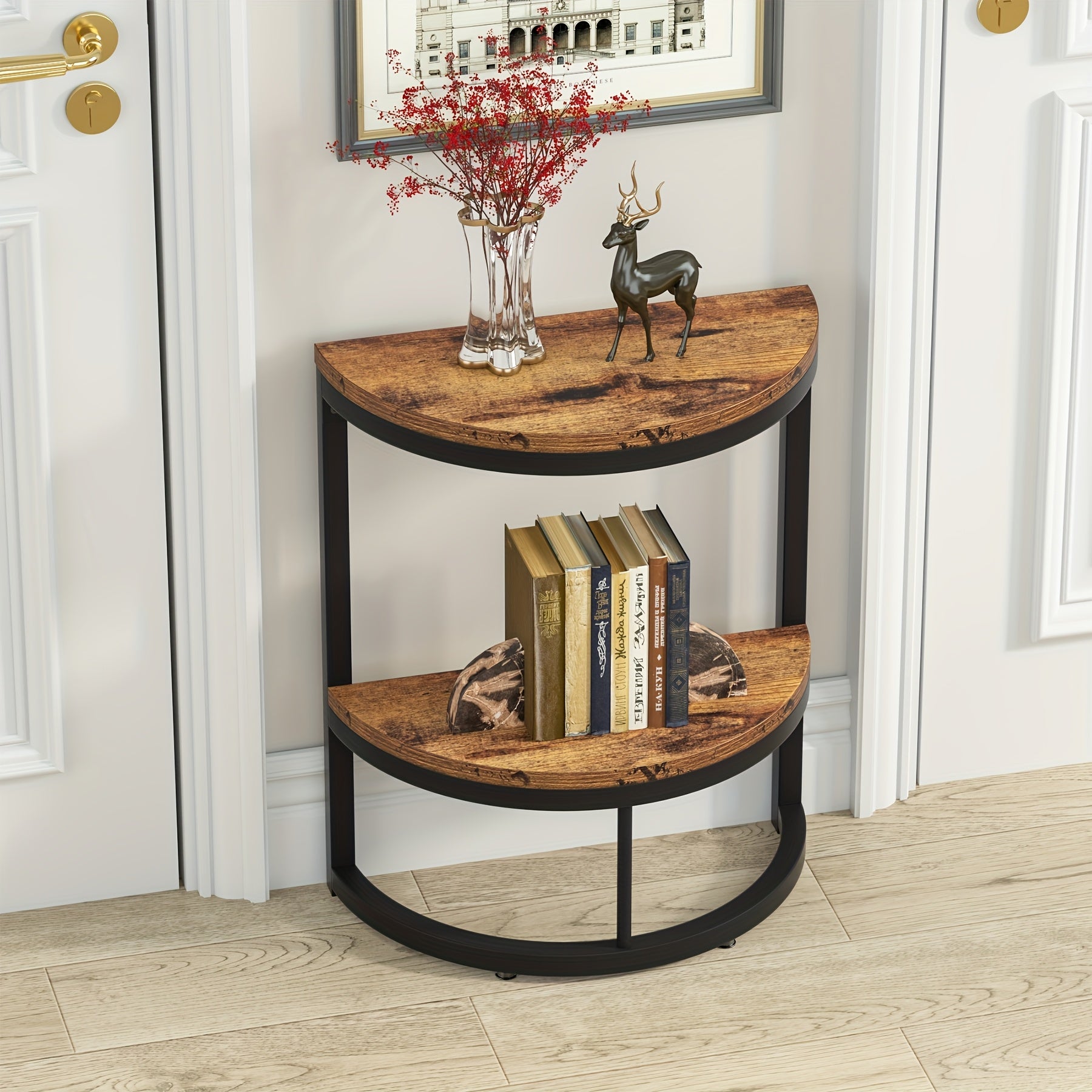 2-Tier Semi Circle End Table - Small Half Round Side Table with Storage Shelf, Wood Accent Table, Slim C Table for Sofa Couch, Living Room, Bedroom, and Small Spaces, Easy Assembly