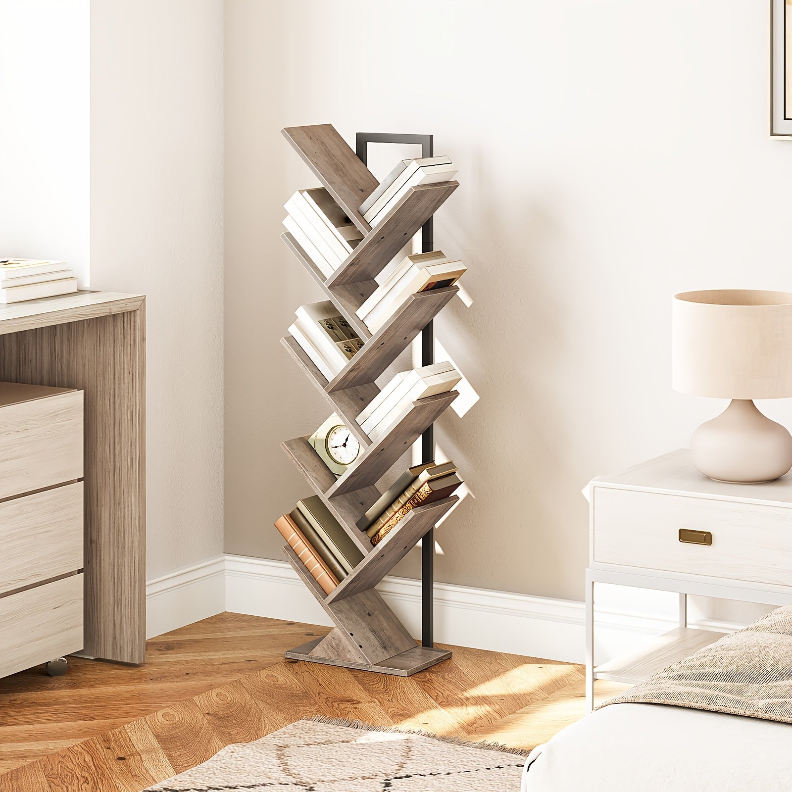 Tree Bookshelf, 9-Tier Bookcase Wooden Shelves, Floor Standing Storage Rack, For Display Of CDs, Books In Living Room, Home Office, Wood Storage Rack For Bedroom, Rustic Brown, White, Greige, Black