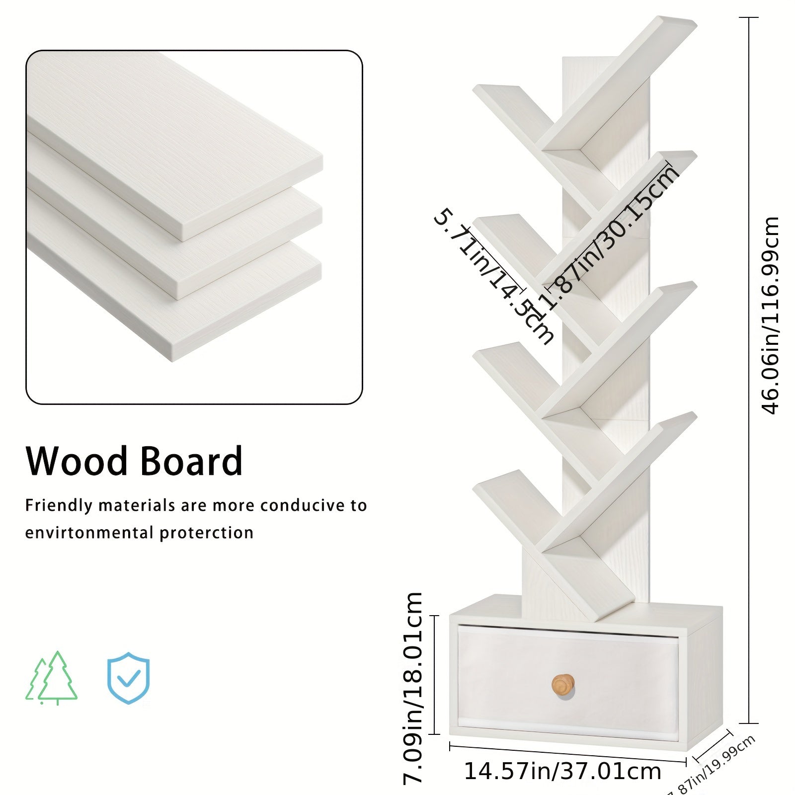 8 Tier Tree Bookshelf With Drawer, Free Standing Wood Bookcase For Living Room, Bedroom, Home Office, Space Saving Storage Organizer Bookshelves For Books, CDs, Vinyl Records-white