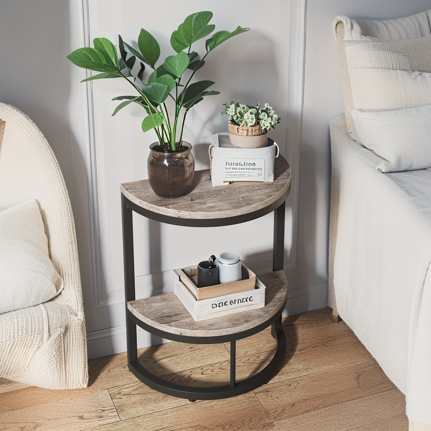 2-Tier Semi Circle End Table - Small Half Round Side Table with Storage Shelf, Wood Accent Table, Slim C Table for Sofa Couch, Living Room, Bedroom, and Small Spaces, Easy Assembly