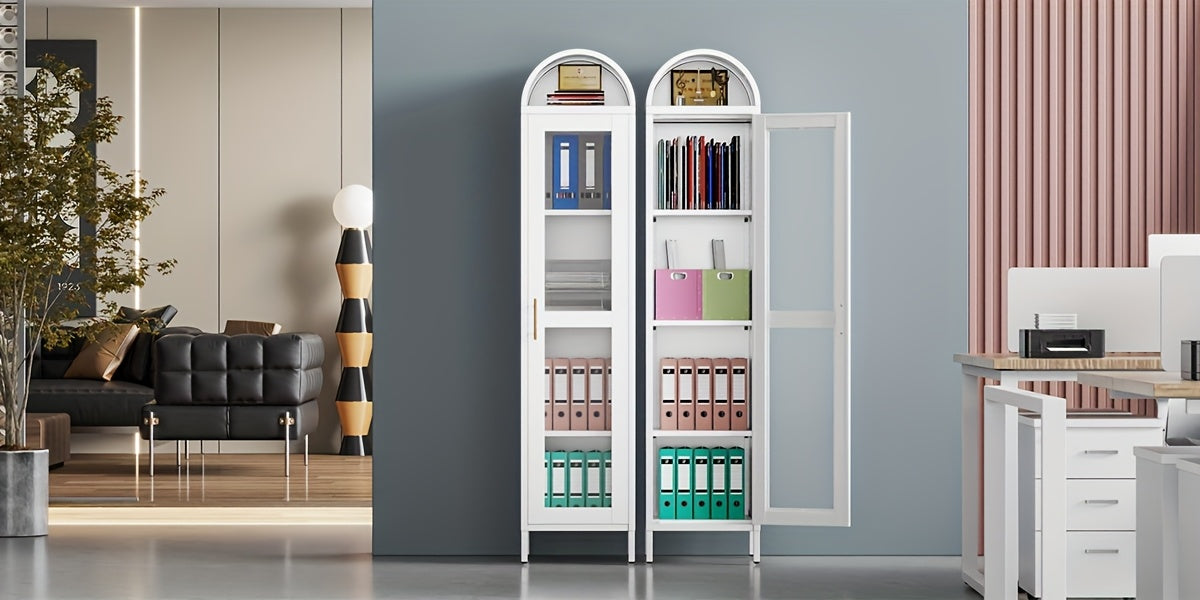 Modern Freestanding Arched Display Cabinet, Arch Bookcase With 1 Glass Door/Shelves, Kitchen Pantry For Dining Room, Home, Office, Kitchen, Assembly Required (White)