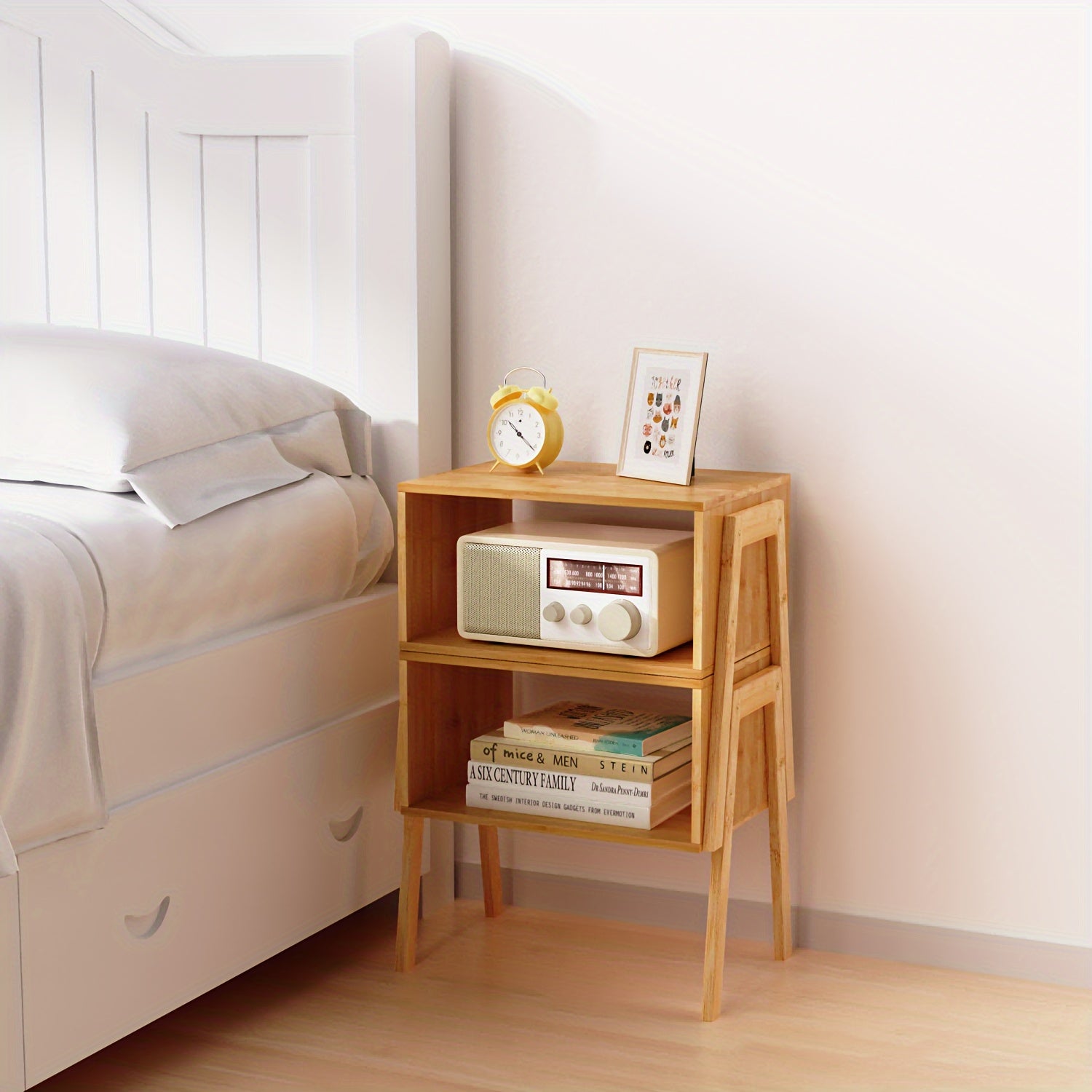 2PCS 11.4*15.7* 16.5in Bamboo Stackable End Tables, Bedside Tables for Bedroom Storage, Stackable Sofa Table, Bedside Cabinet with Storage Shelves, Storage Cabinet, Organiser Coffee Table