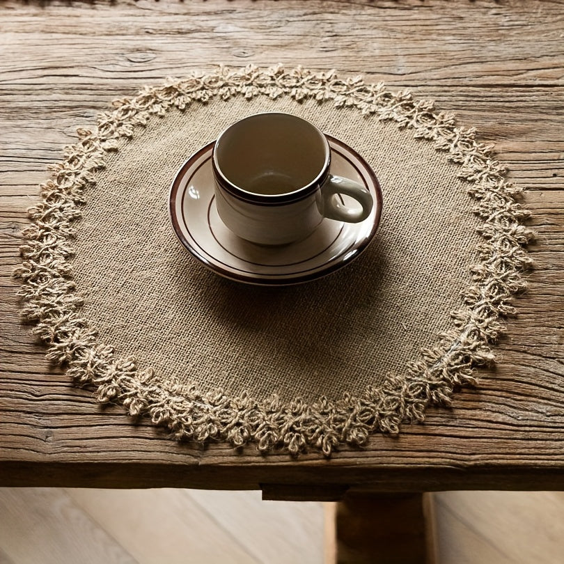 4/6pcs, Bohemian Jute Placemats, Table Decor, Coarse Linen Lace Placemats, Coffee Table Mats, Vintage Style Yellow Jute Square/Round Fringe Placemats, Home Decoration, Wedding and Party Decor