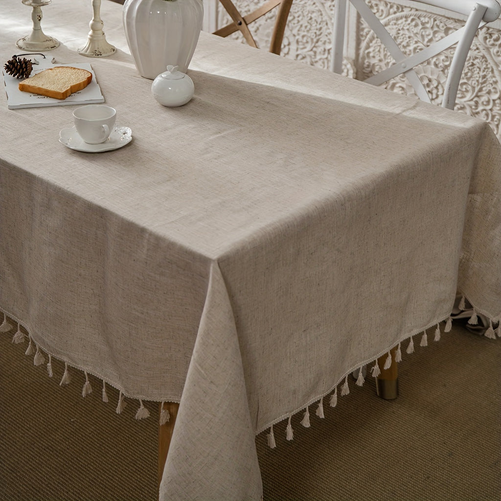1pc Polyester Blend Tablecloth with Tassel Trim - Beige Wheat Sheaf Design, Machine-Made Rectangular Dining Table Cover for Kitchen & Home Decor, Durable Easy-Clean Fabric, Rustic Country Style, Easyclean Material