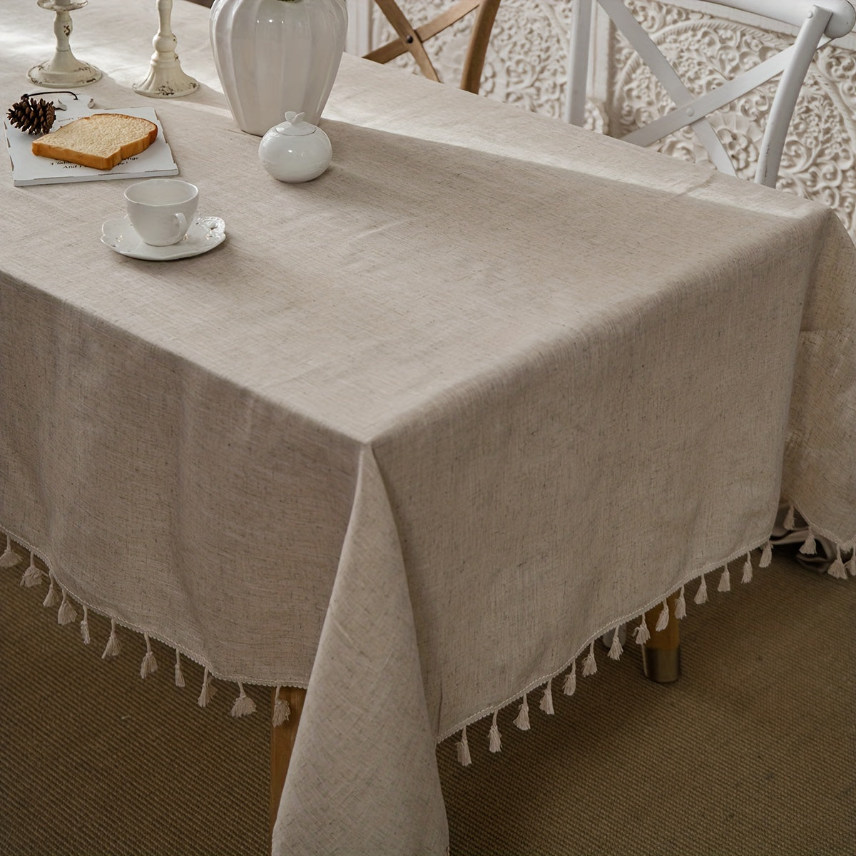 1pc Polyester Blend Tablecloth with Tassel Trim - Beige Wheat Sheaf Design, Machine-Made Rectangular Dining Table Cover for Kitchen & Home Decor, Durable Easy-Clean Fabric, Rustic Country Style, Easyclean Material