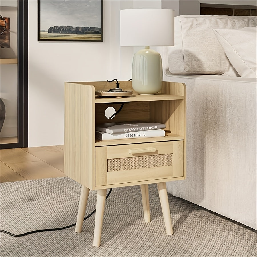 Bohemian Rattan Side Table with Drawer – Natural Wood Finish, Versatile Bedroom & Living Room Nightstand, Perfect for Organizing Essentials, Bedroom Storage | Decorative Drawer | Open Shelf Storage, Bedroom Decor