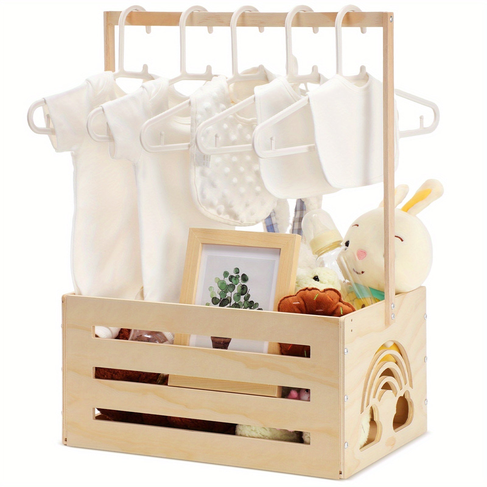 Wooden Baby Shower Crate Closet Baby Shower Gifts Basket Storage Crate Hamper With Handle Basket For Newborn Boys Girls Pregnancy Gifts (Wood Color, Cloudy, Rainbow), Shelf Baskets