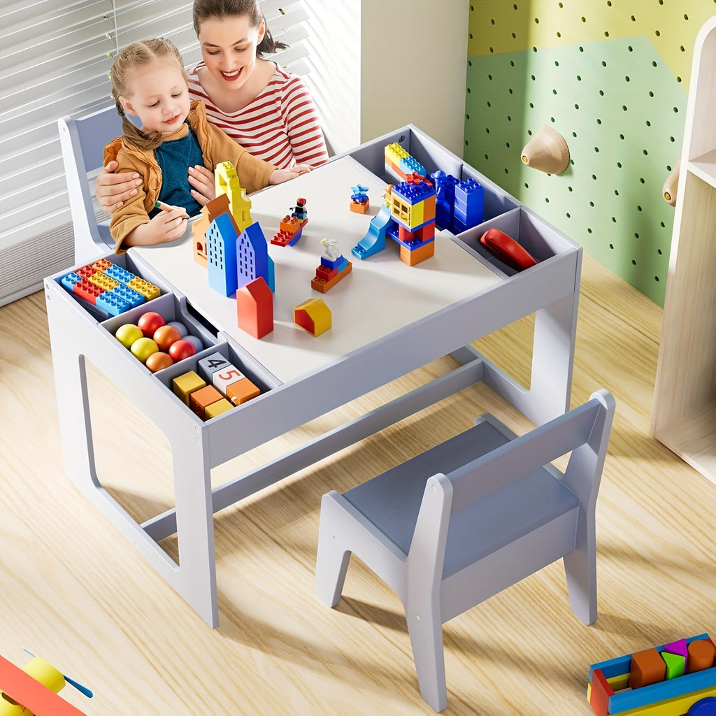 Children's Table with 2 Chairs, Children's Seating Group with Storage Space, Children's Table Chair Set with Reversible Table Top, Children's Desk for School, Daycare Center, Children's Room, for Children From 3 Years