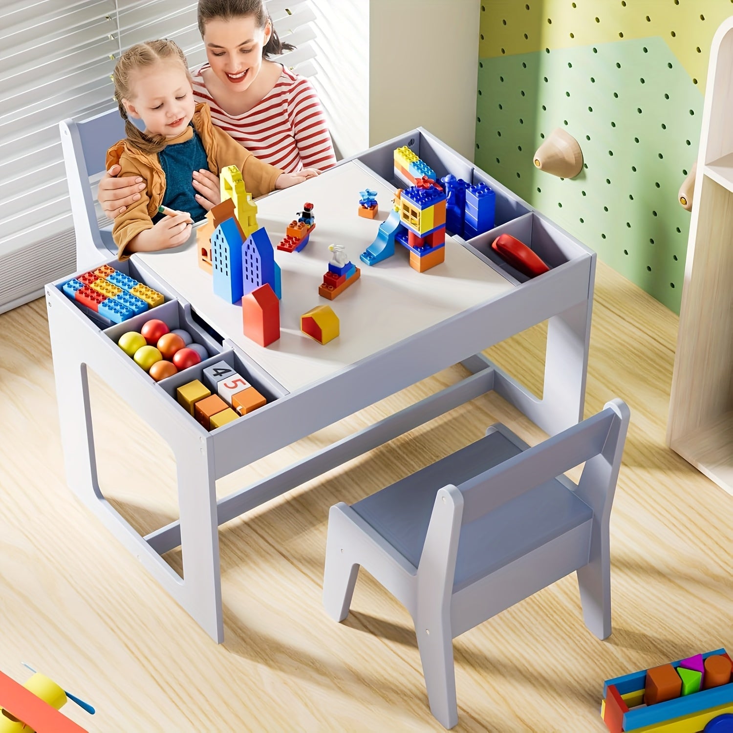 Children's Table with 2 Chairs, Children's Seating Group with Storage Space, Children's Table Chair Set with Reversible Table Top, Children's Desk for School, Daycare Center, Children's Room, for Children From 3 Years