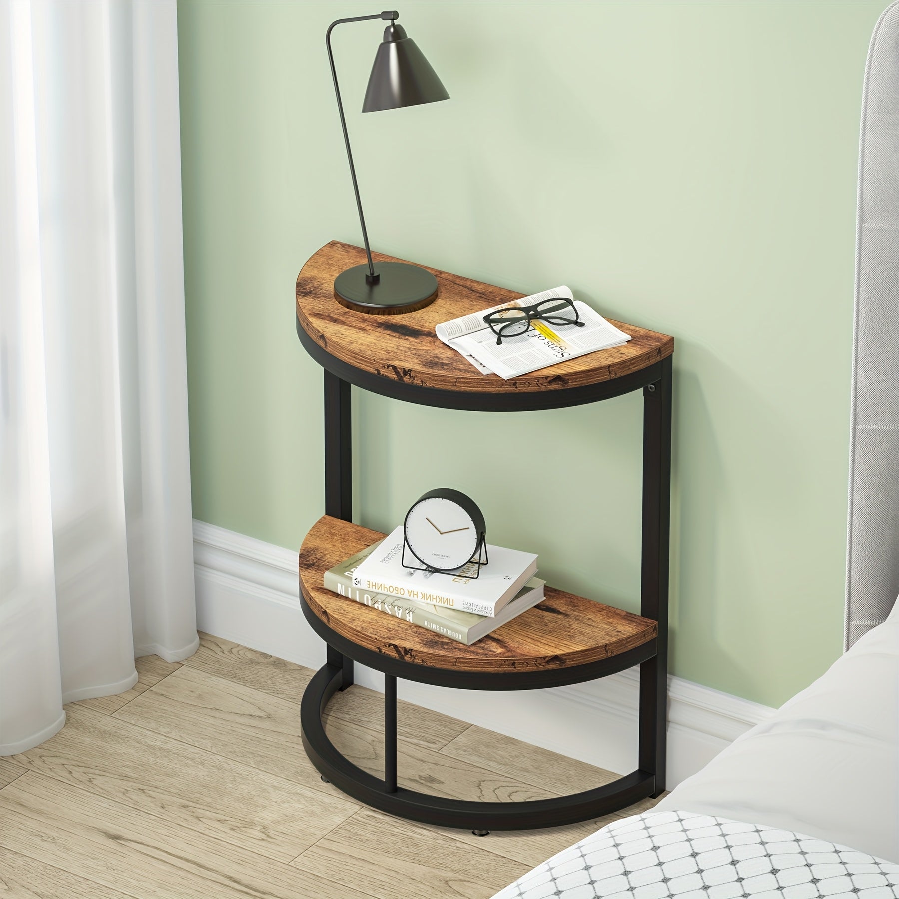 2-Tier Semi Circle End Table - Small Half Round Side Table with Storage Shelf, Wood Accent Table, Slim C Table for Sofa Couch, Living Room, Bedroom, and Small Spaces, Easy Assembly