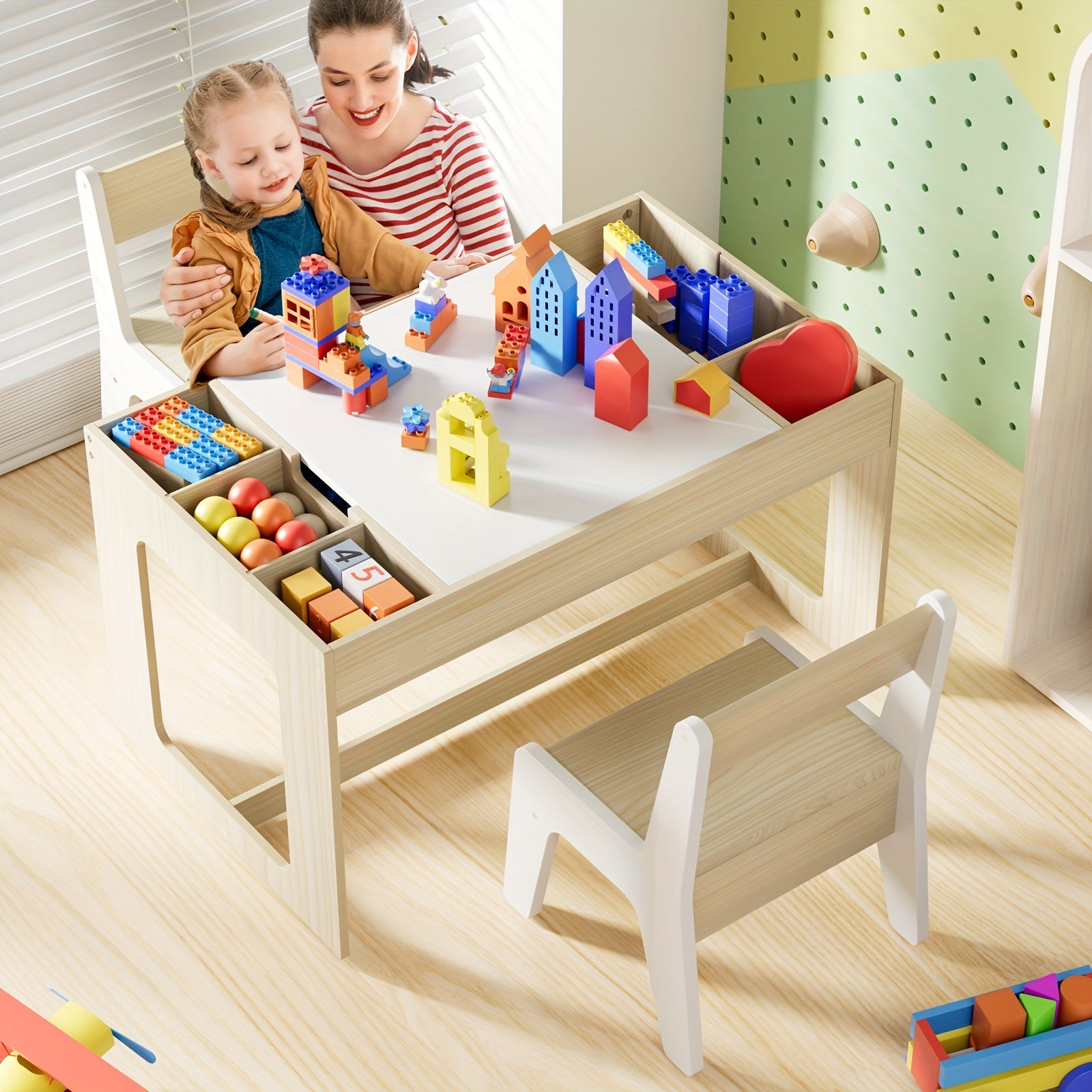 Children's Table with 2 Chairs, Children's Seating Group with Storage Space, Children's Table Chair Set with Reversible Table Top, Children's Desk for School, Daycare Center, Children's Room, for Children From 3 Years