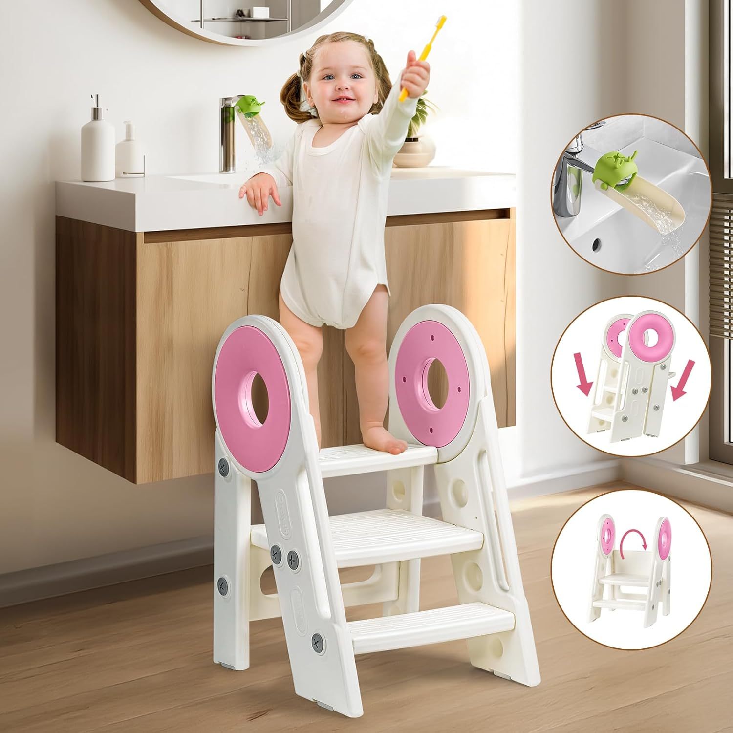Toddler Step Stool, 2-3 Step Foldable Kids Step Stool for Bathroom Sink, Non-Slip Toddler Stool Helper, Potty Training Toilet, Kids Stool Helper, Ages 18 Months to 3 Years