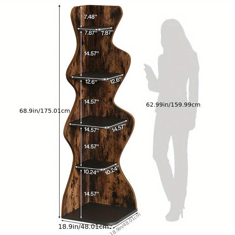 69" Wood Bookshelf, 5-Tier Corner Shelf Storage Plant Stand