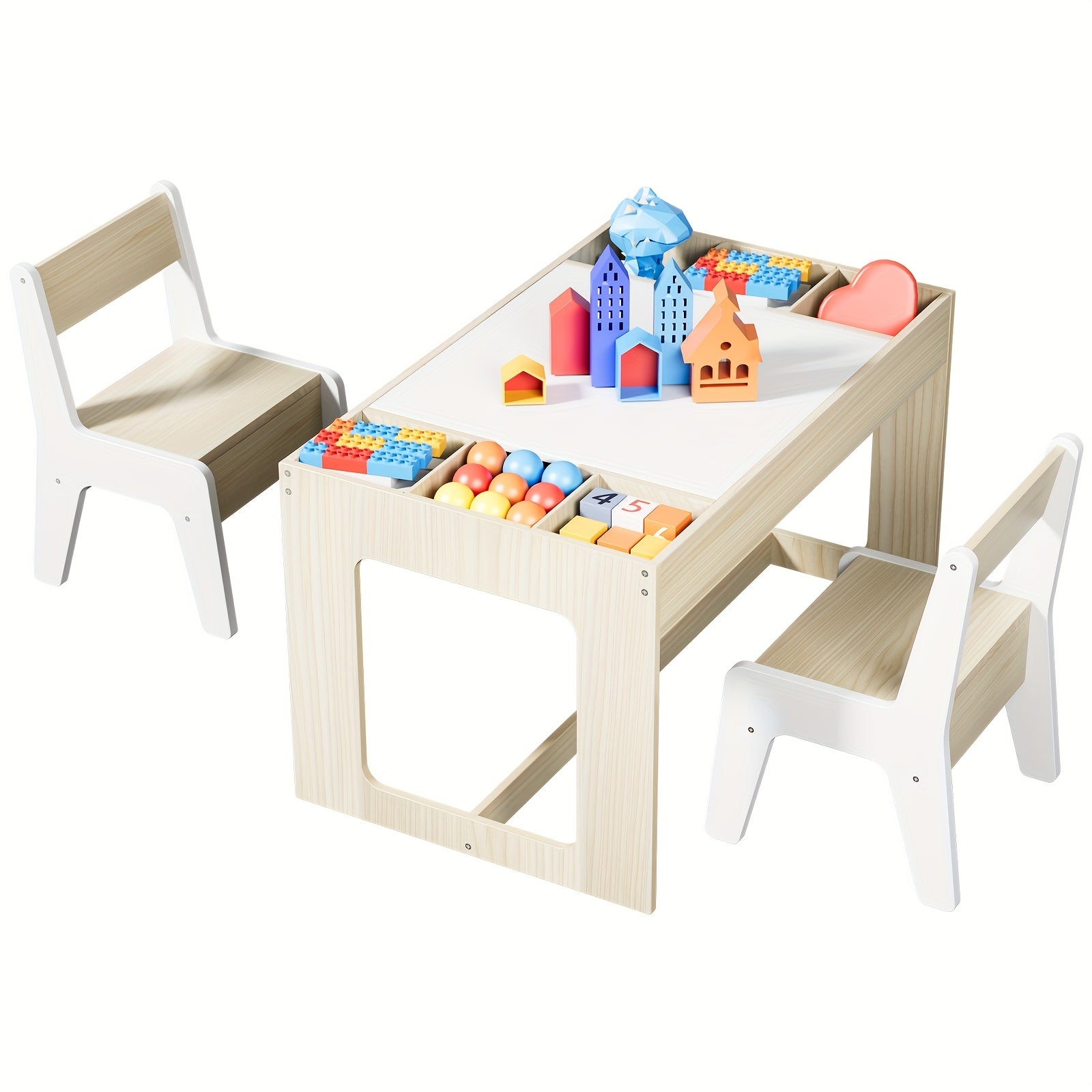 Children's Table with 2 Chairs, Children's Seating Group with Storage Space, Children's Table Chair Set with Reversible Table Top, Children's Desk for School, Daycare Center, Children's Room, for Children From 3 Years
