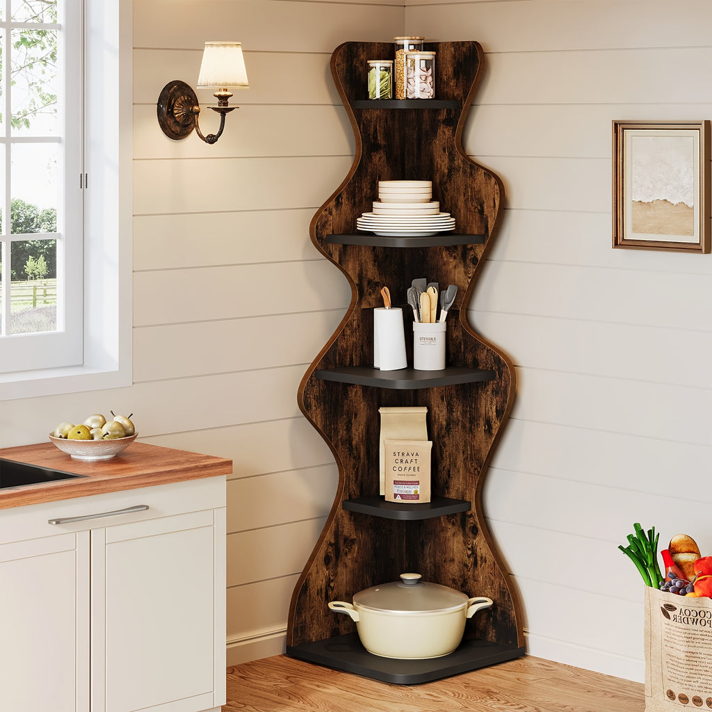 69" Wood Bookshelf, 5-Tier Corner Shelf Storage Plant Stand