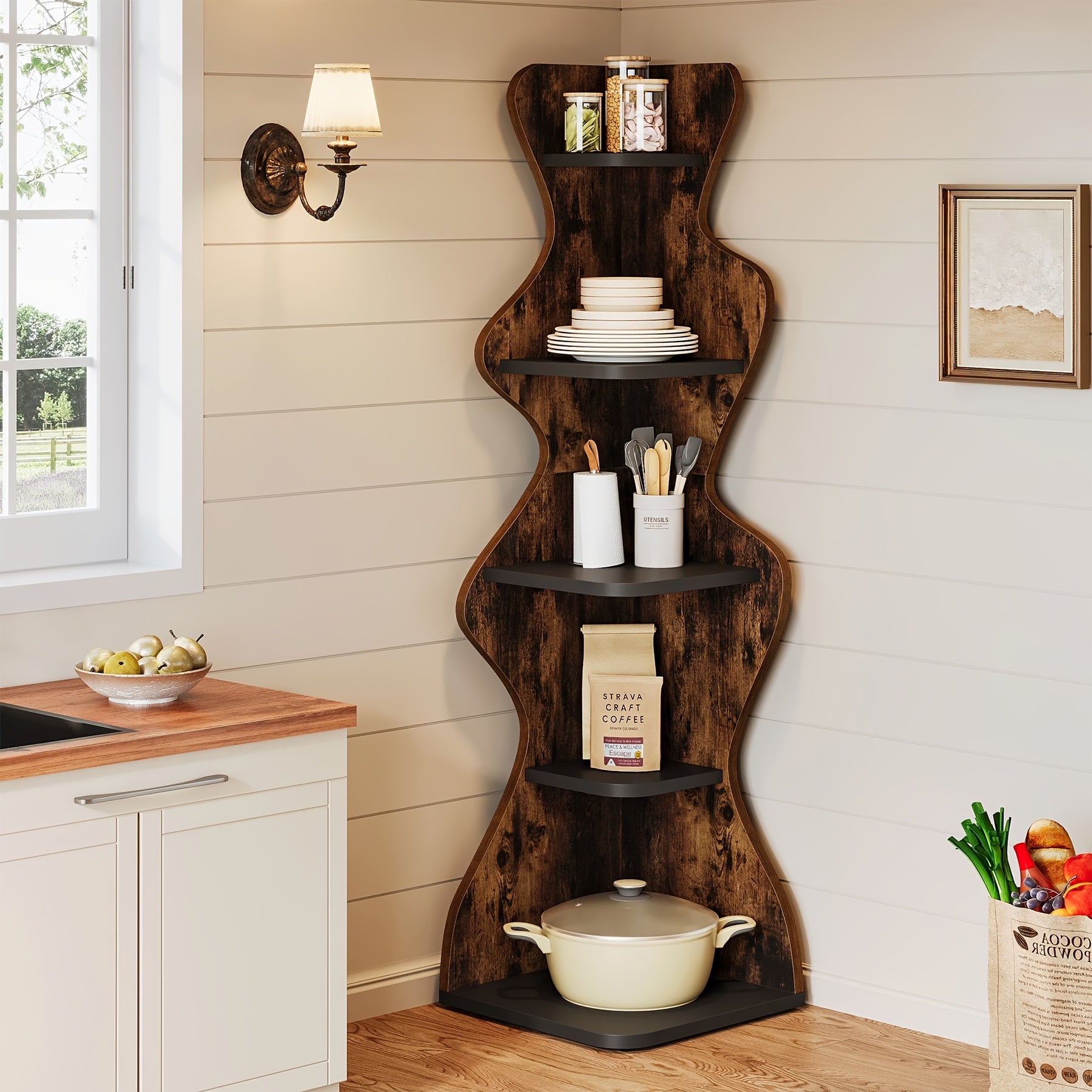 69" Wood Bookshelf, 5-Tier Corner Shelf Storage Plant Stand