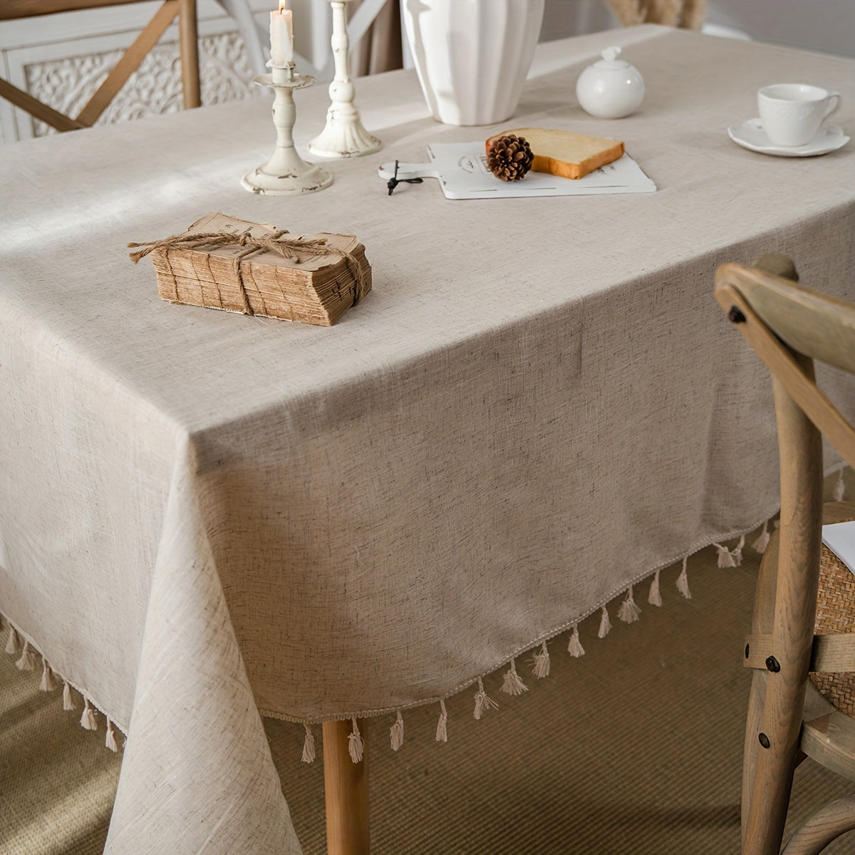 1pc Polyester Blend Tablecloth with Tassel Trim - Beige Wheat Sheaf Design, Machine-Made Rectangular Dining Table Cover for Kitchen & Home Decor, Durable Easy-Clean Fabric, Rustic Country Style, Easyclean Material