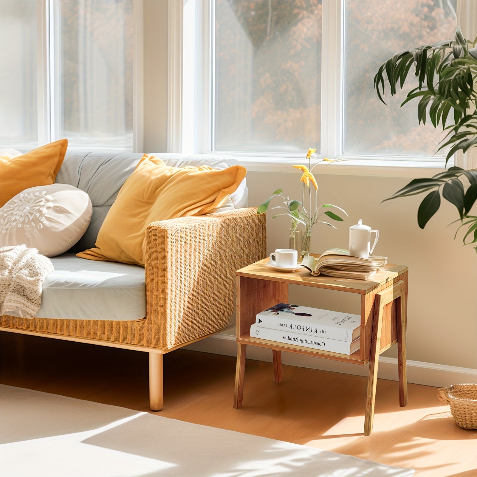 2PCS 11.4*15.7* 16.5in Bamboo Stackable End Tables, Bedside Tables for Bedroom Storage, Stackable Sofa Table, Bedside Cabinet with Storage Shelves, Storage Cabinet, Organiser Coffee Table