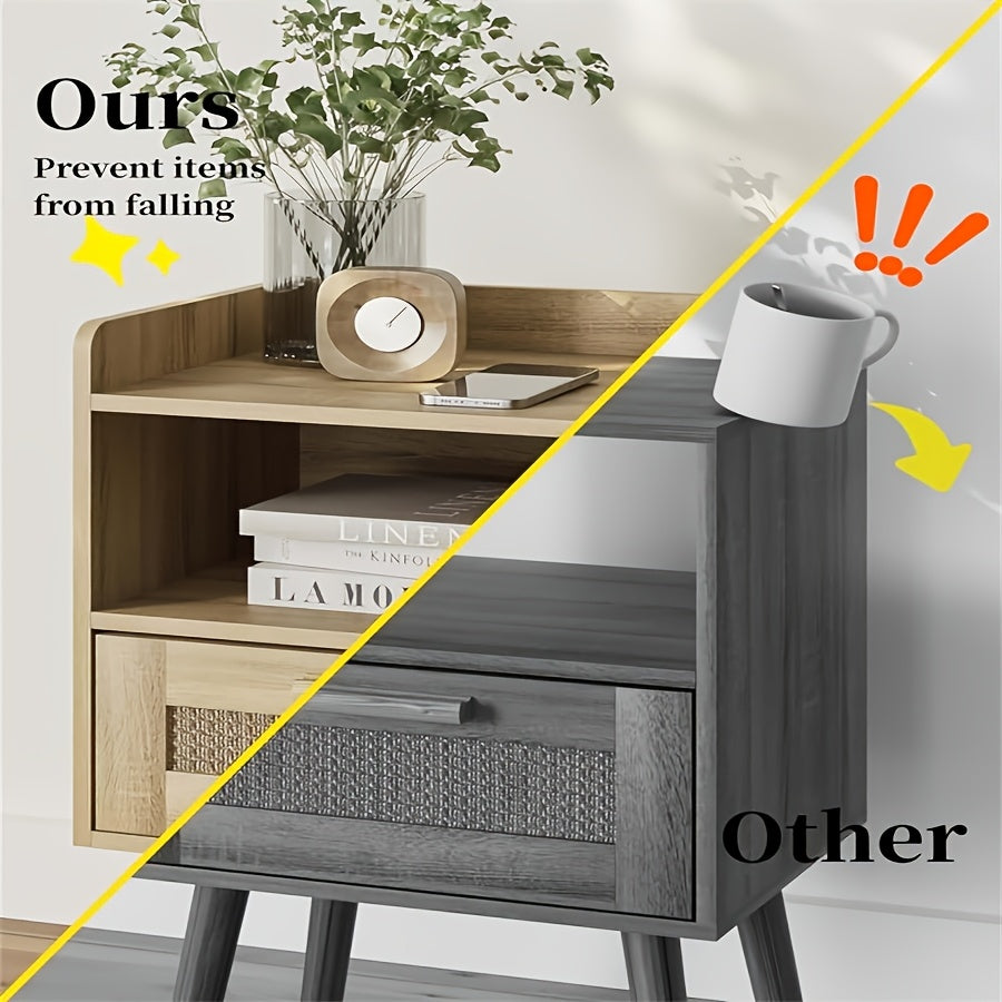 Bohemian Rattan Side Table with Drawer – Natural Wood Finish, Versatile Bedroom & Living Room Nightstand, Perfect for Organizing Essentials, Bedroom Storage | Decorative Drawer | Open Shelf Storage, Bedroom Decor