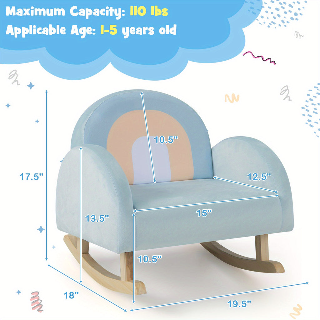 Toddler Rocking Chair, Children'S Upholstered Rocker with Solid Rubber Wood Frame & Soft Velvet Cover, Anti-tipping Design, Kids Armchair for Nursery, Playroom, Bedroom, Kindergarten, Blue